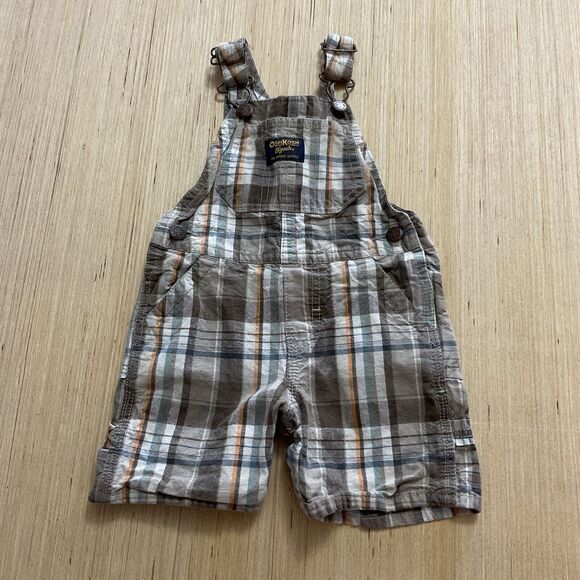 Vintage OshKosh B’Gosh Plaid Shortall Bib Overalls Size 12M Cream Brown Beige - Picture 1 of 3